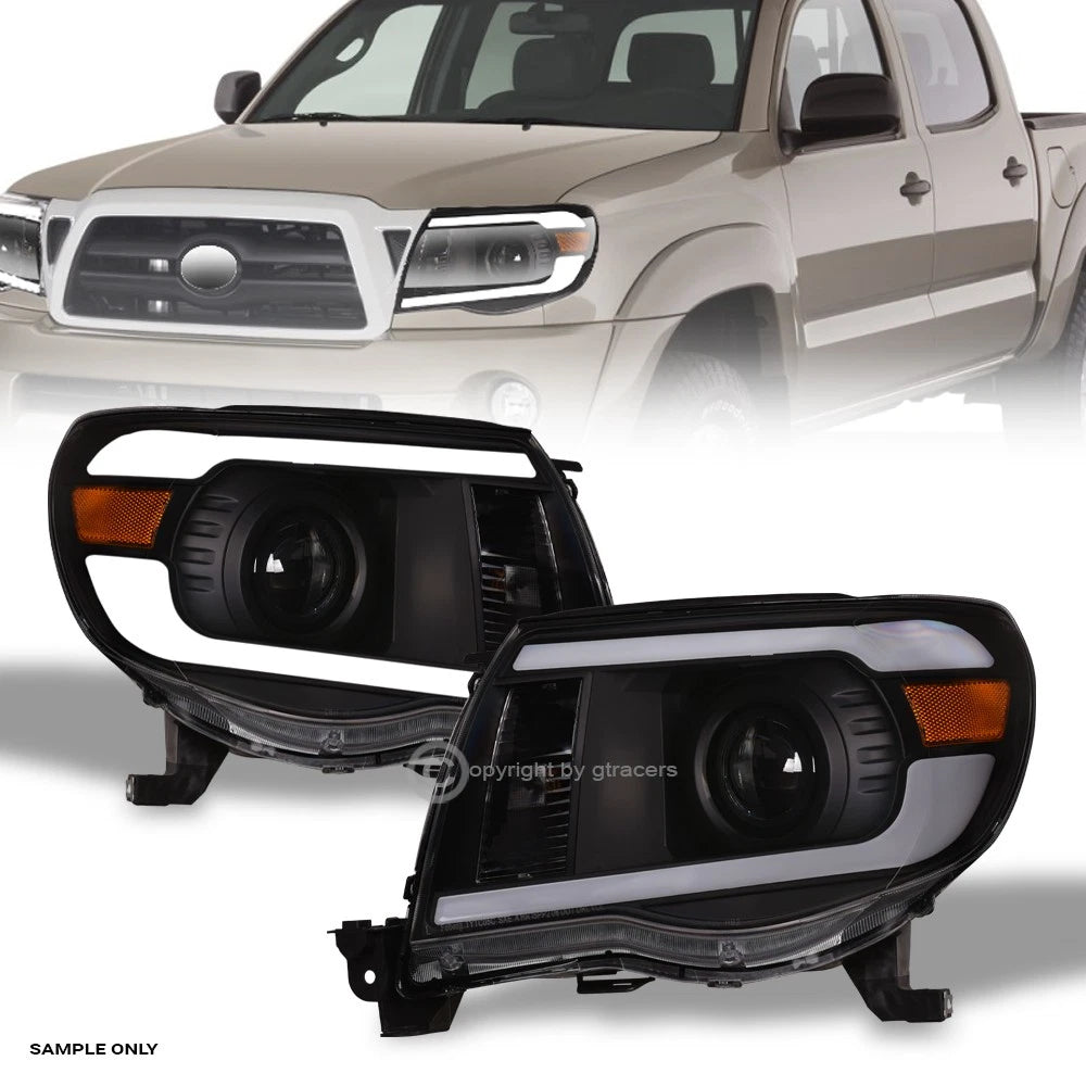2005-2011 Toyota Tacoma Blk Projector Headlights Signal Amber w/LED Tube Bar
