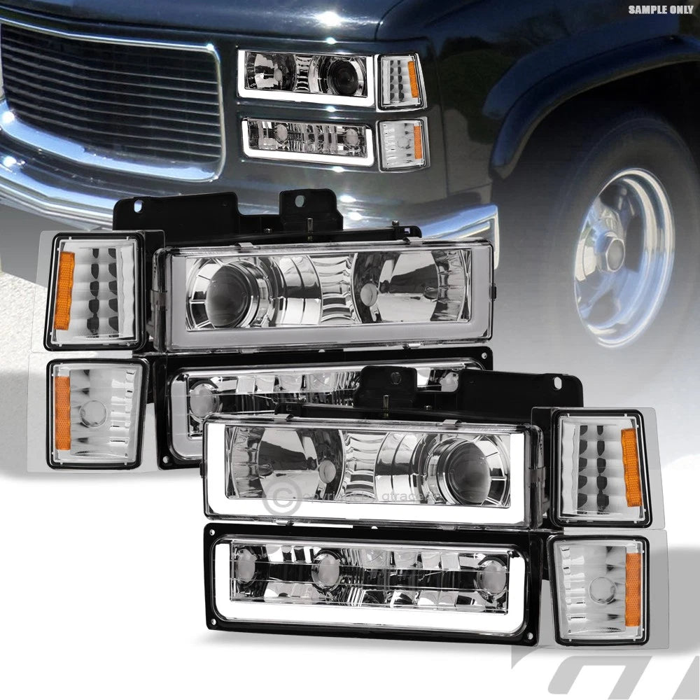 1994-2000 Chevy C10 C/K Chrome Projector Headlights+Corner+Bumper w/LED Tube
