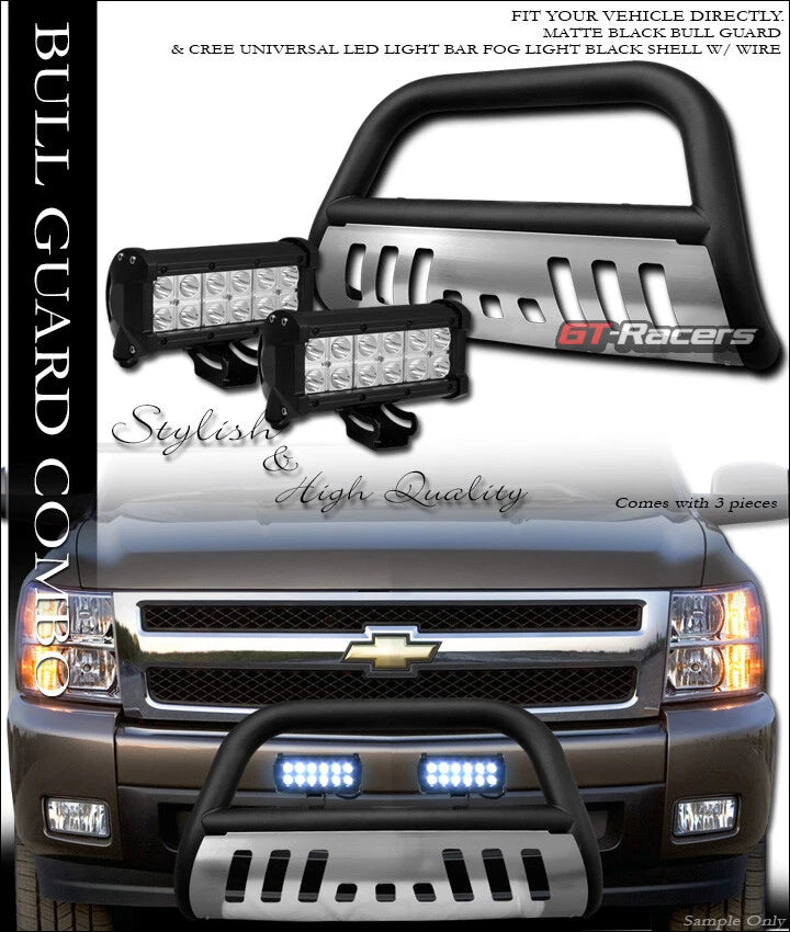 Matte Blk Bull Bar Guard+Skid+36W CREE LED Light 07-10 Silverado/Sierra 2500