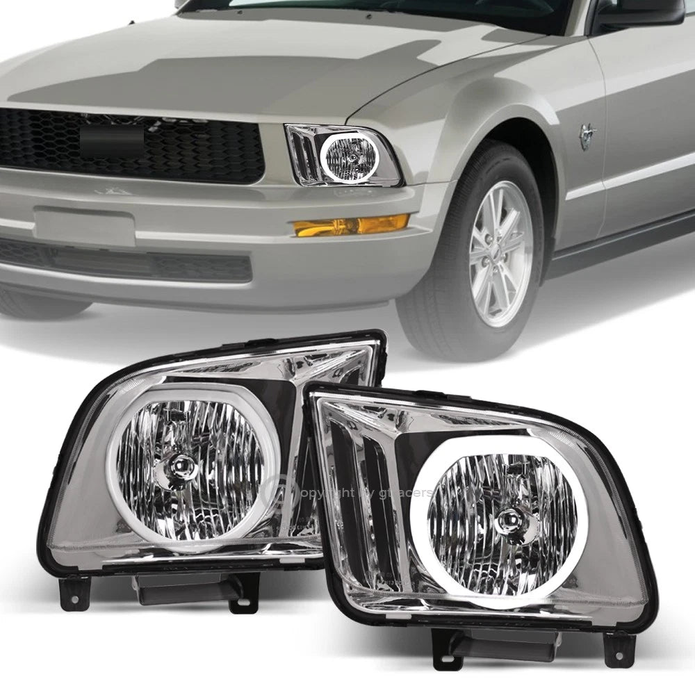 2005-2009 Ford Mustang Chrome Crystal Headlights w/DRL White LED Halo Rims