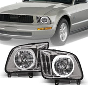 2005-2009 Ford Mustang Chrome Crystal Headlights w/DRL White LED Halo Rims