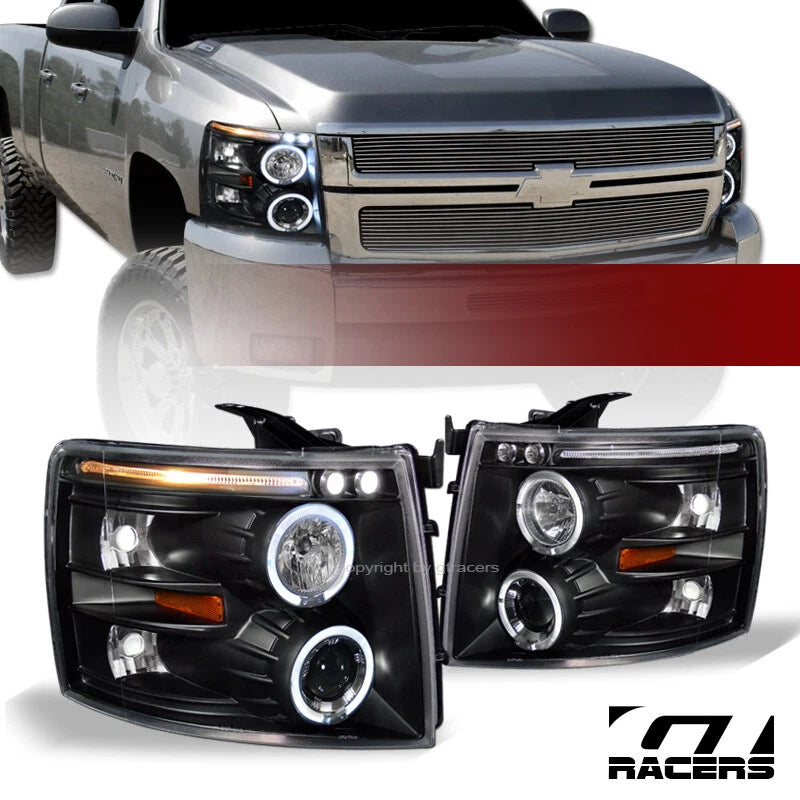 2007-2014 Chevy Silverado Blk LED Halo Projector Headlights Signal Lamps Amb