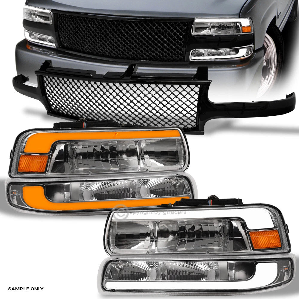 Sequential 00-06 Suburban/Tahoe Chrome LED Tube Headlights A+Blk Mesh Grille