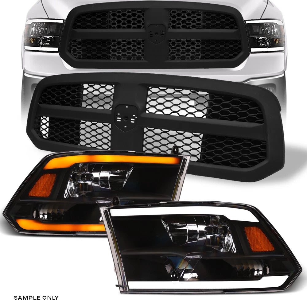Switchback Sequential 13-18 Ram 1500 Blk LED Headlights Am+Matte Mesh Grille