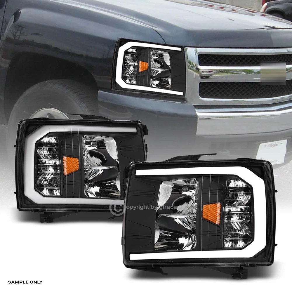 2007-2014 Chevy Silverado Blk Crystal Headlights Signal Amber w/LED Tube Bar