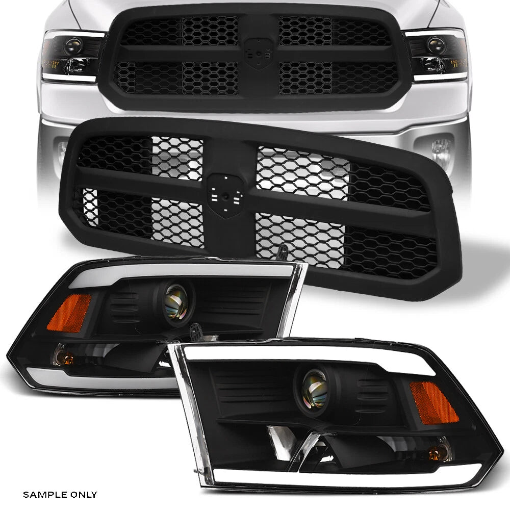 13-18 Ram 1500/Classic Blk LED Tube Projector Headlights A+Matte Mesh Grille