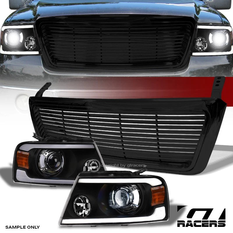 2004-2008 F150 Blk Full LED Tube Projector Headlights Amber+Horizontal Grill