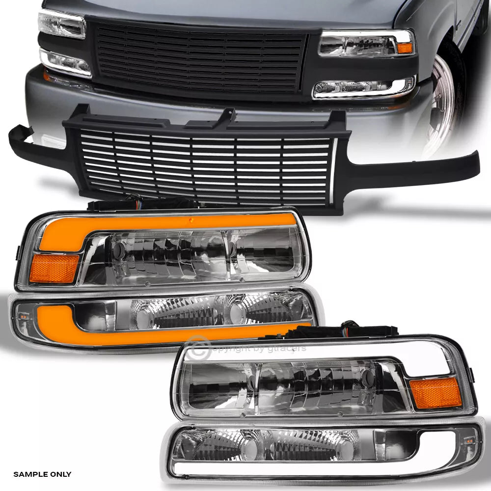 Sequential 00-06 Suburban/Tahoe Chrome LED Headlights Am+Matte Blk H Grille