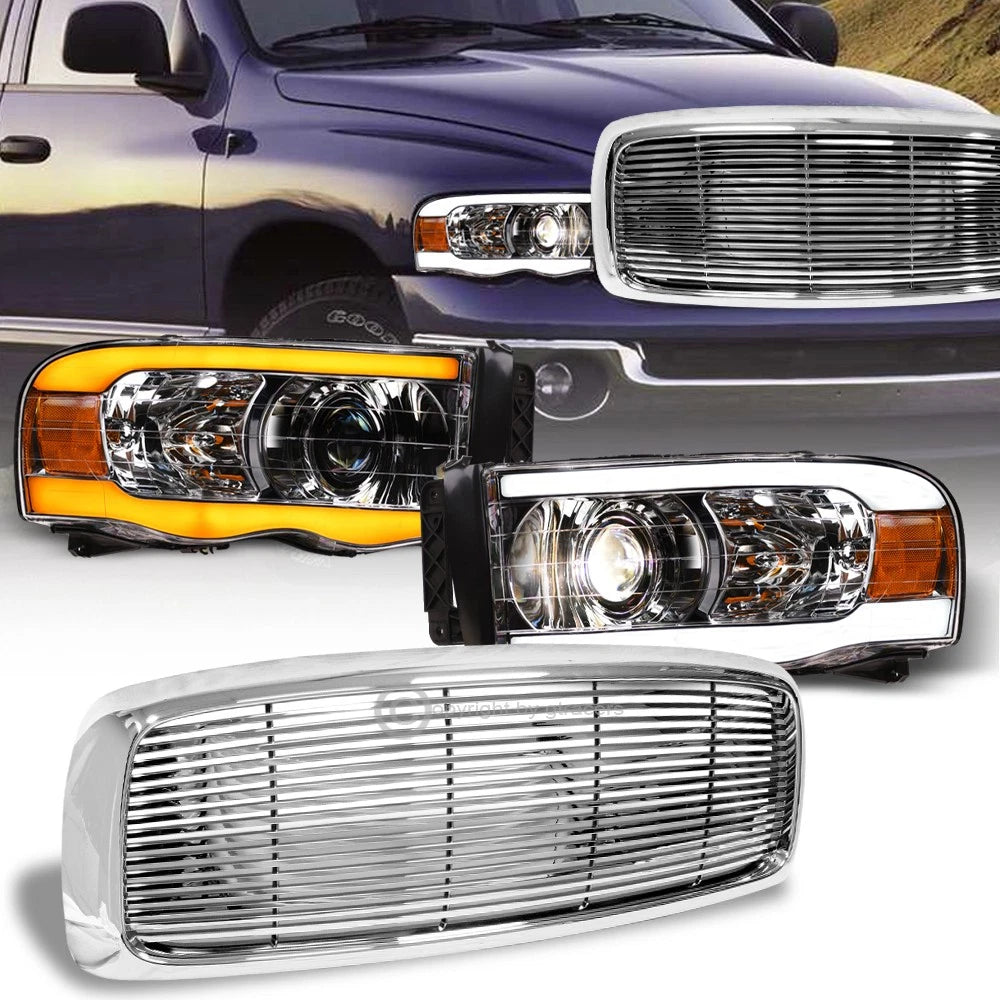 Switchback Sequential 02-05 Ram Chrome LED Tube Projector Headlights+H Grill