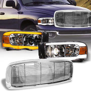 Switchback Sequential 02-05 Ram Chrome LED Tube Projector Headlights+H Grill