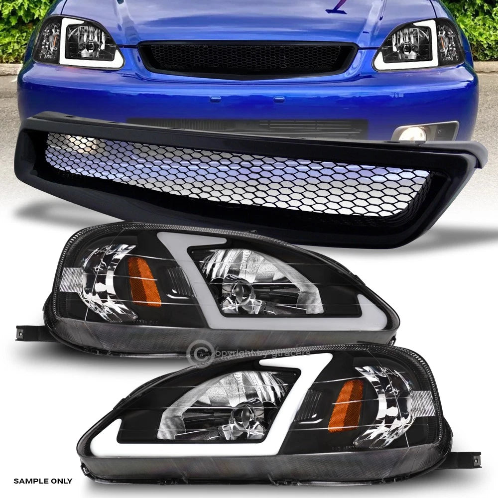 1999-2000 Honda Civic EK9 Blk LED Tube Headlights Amber+Aluminum Mesh Grille