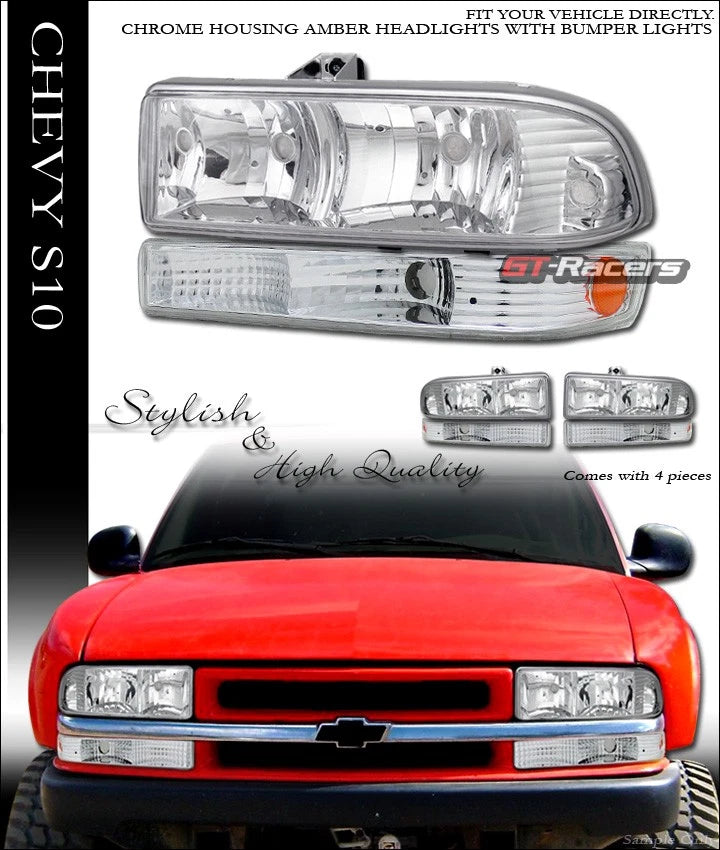 Chrome Headlights K2+Signal Amber Lamps Ks 1998-2004 Chevy S10 Blazer/Pickup