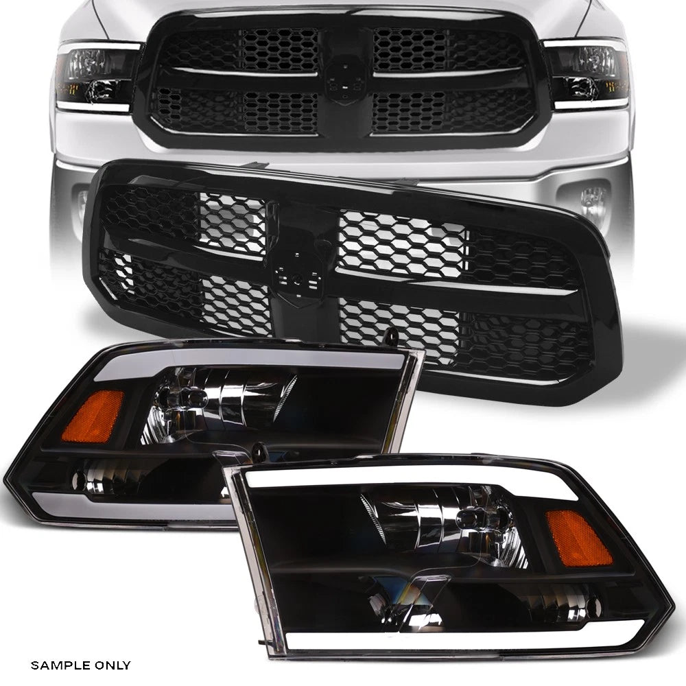 2013-2018 Dodge Ram 1500 Blk LED Tube Headlights Amber+Honeycomb Mesh Grille