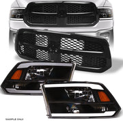 2013-2018 Dodge Ram 1500 Blk LED Tube Headlights Amber+Honeycomb Mesh Grille