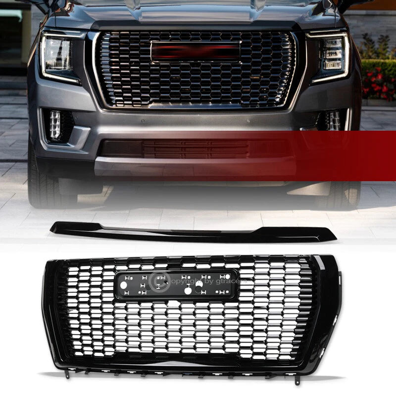 2021-2024 GMC Yukon/XL Glossy Black Honeycomb Mesh Front Grille+Molding Trim