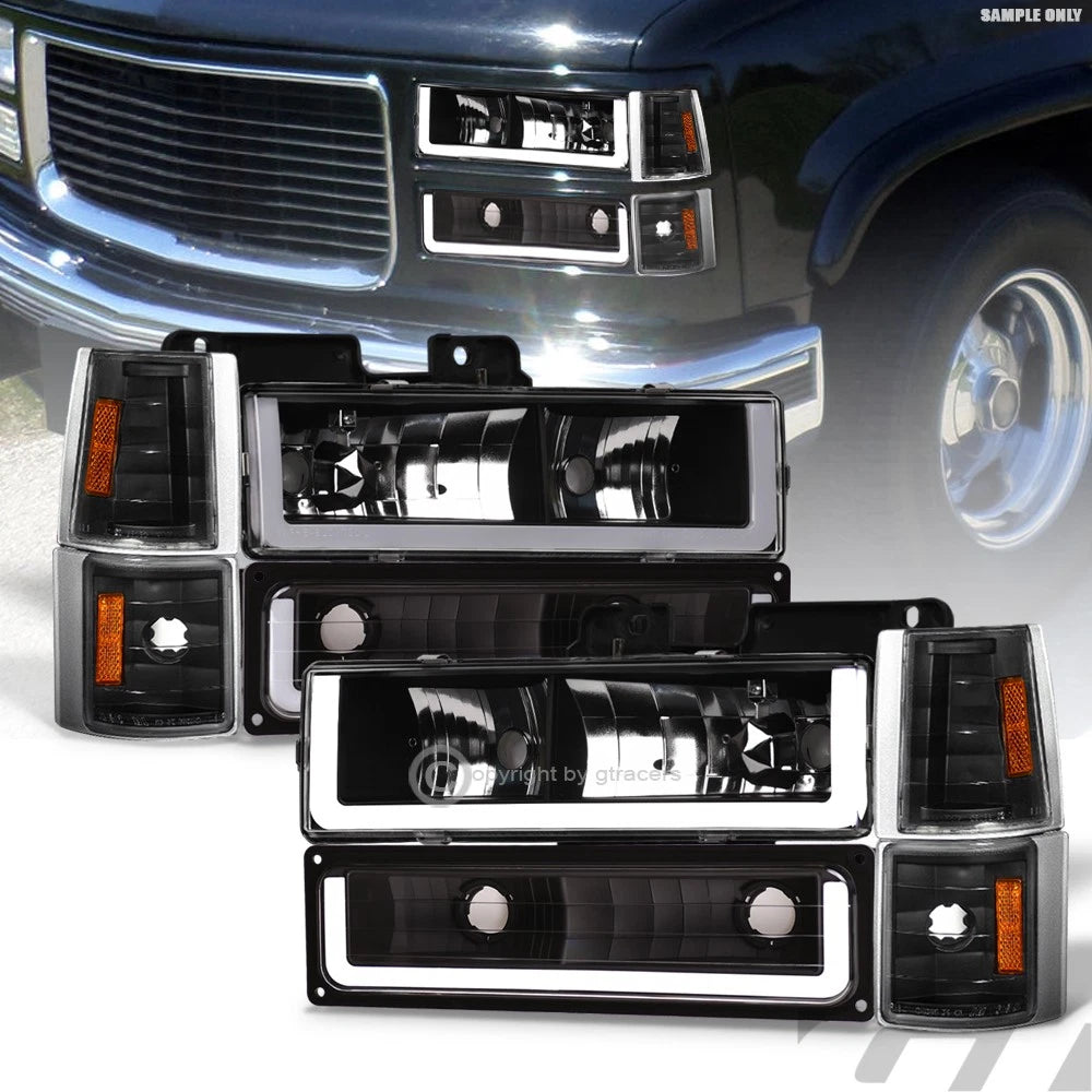 1994-2000 GMC C10 C/K Blk Headlights+Bumper+k2 Corner Signal Amber+LED Tube
