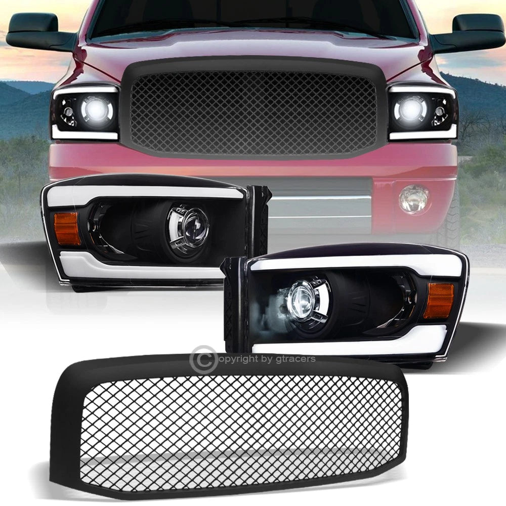 2006-2009 Ram Blk Full LED Tube Projector Headlights Amber+Matte Mesh Grille