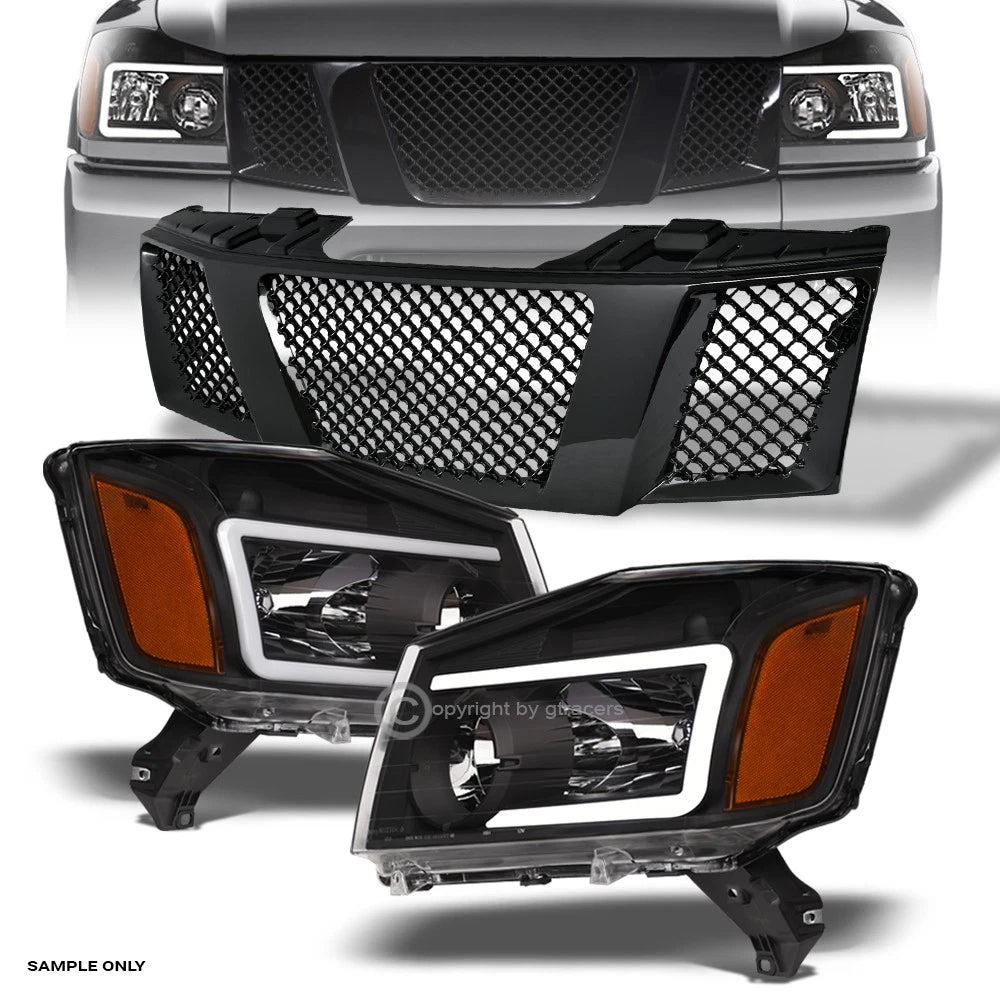 2004-2007 Titan/Armada Black LED Tube Bar Headlights Amber+Mesh Front Grille
