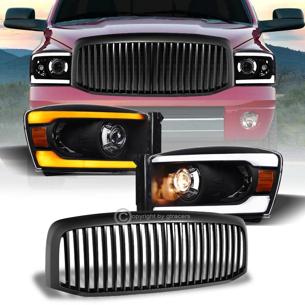 Switchback Sequential 2006-2009 Ram Blk LED Bar Pro Headlights+Matte V Grill