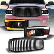 Switchback Sequential 2006-2009 Ram Blk LED Bar Pro Headlights+Matte V Grill