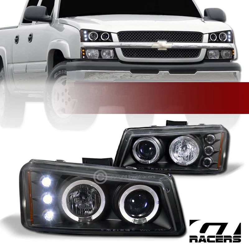 2003-2007 Chevy Silverado Black LED Halo Projector Headlights Lamps Amber