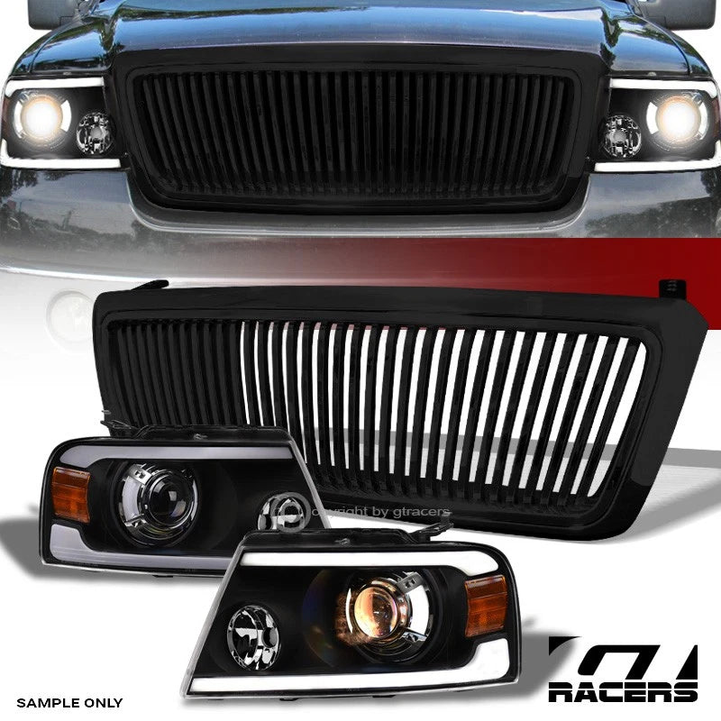 2004-2008 F150 Black LED Tube Bar Projector Headlights Amber+Vertical Grille