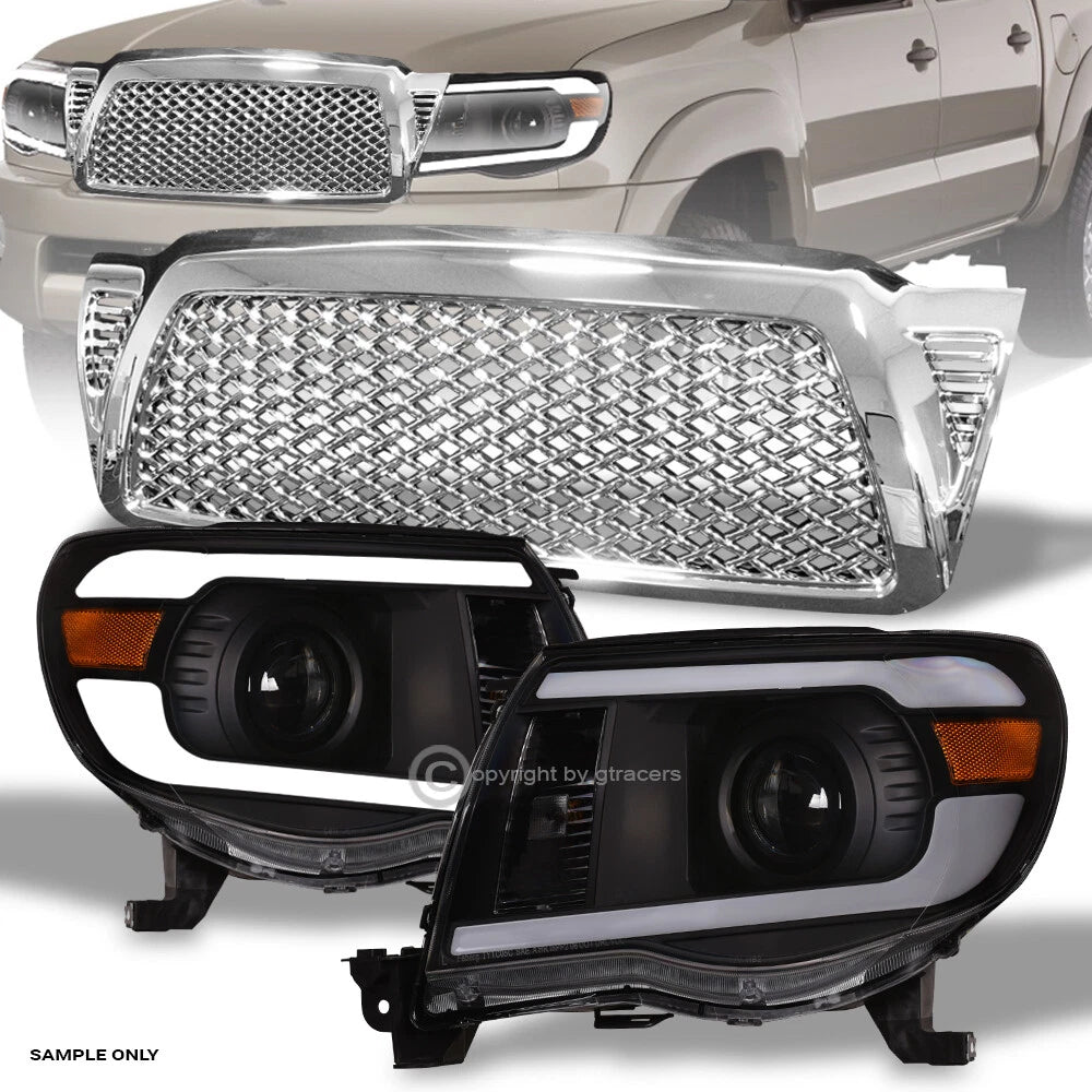 2005-2011 Tacoma Blk LED Tube Projector Headlights Amber+Chrome Mesh Grille