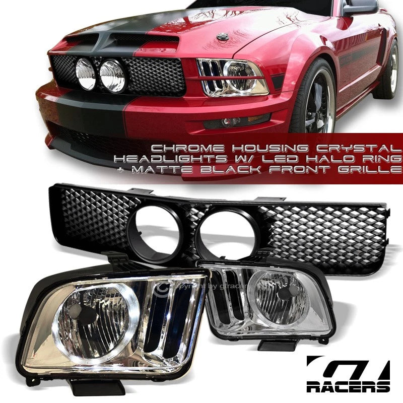 2005-2009 Mustang GT LED Halo Chrome Headlight+Matte Black Mesh Front Grille