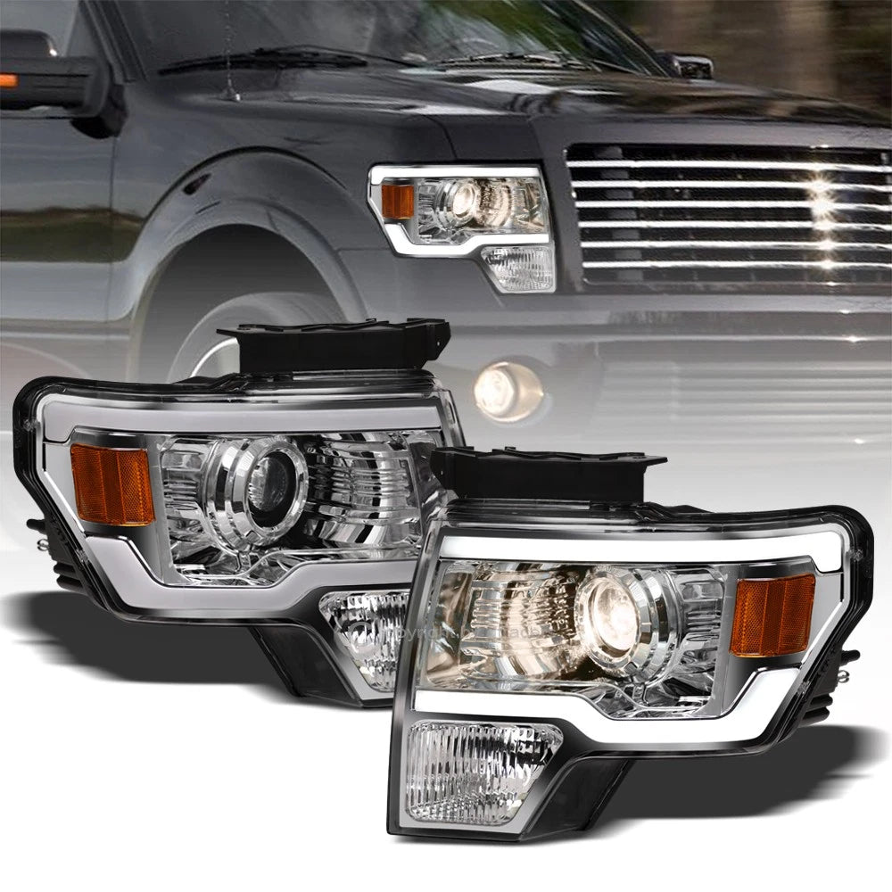 2009-2014 Ford F150 Chrome Projector Headlights Signal Amber w/LED Tube Bar