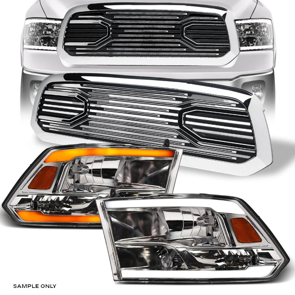 Switchback Sequential 13-18 Ram 1500 Chrome LED Headlights A+Big Horn Grille
