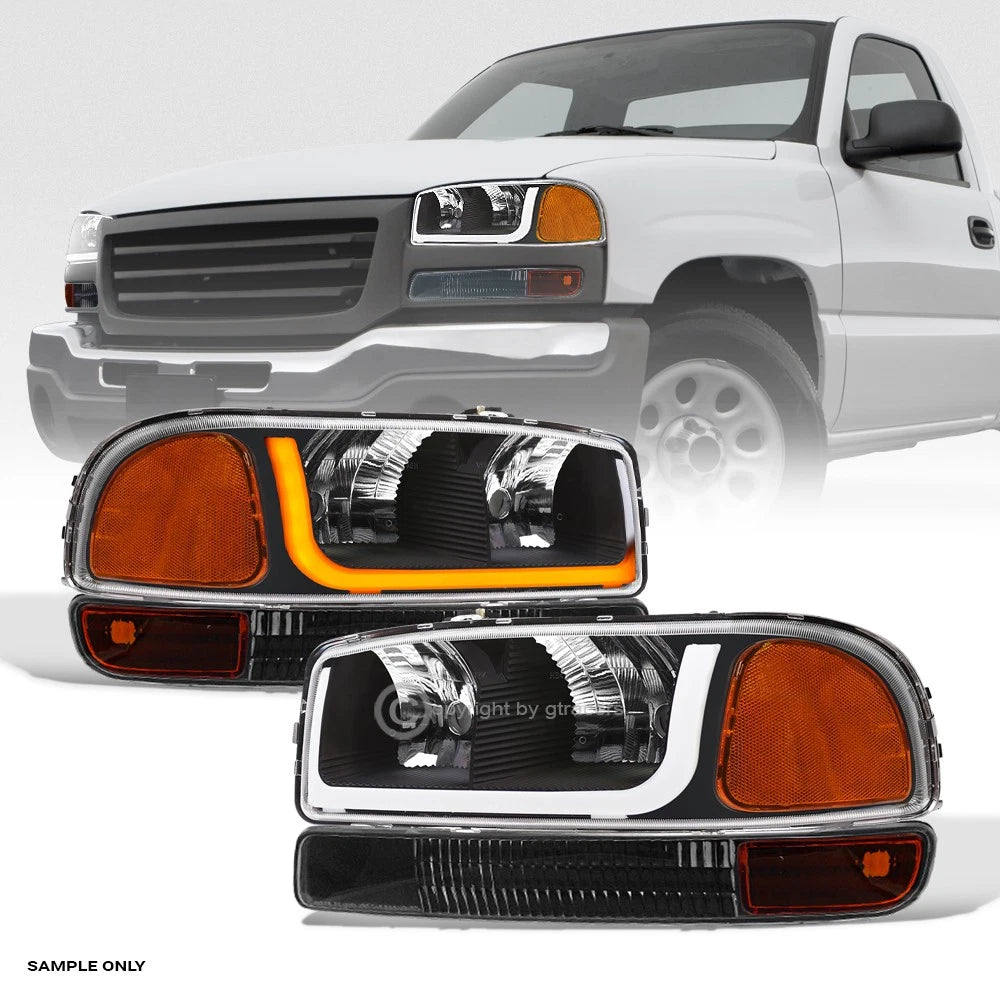 Switchback Sequential 99-06 Sierra/Yukon Blk Headlight Am+Bumper w/LED Tube