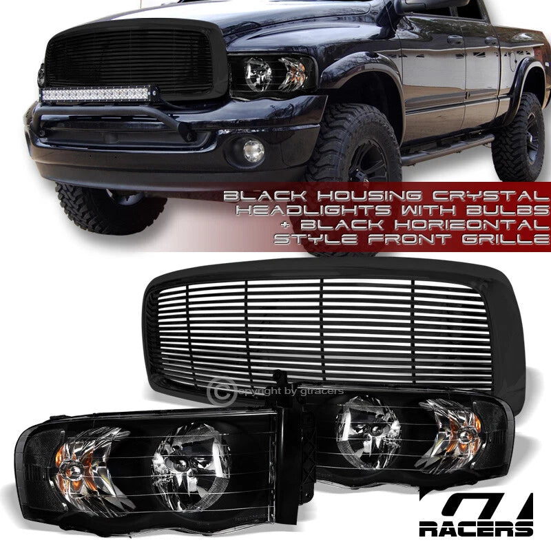 Black Clear Headlights Nb w/Horizontal Front Bumper Grille 02-05 Dodge Ram