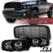 Black Clear Headlights Nb w/Horizontal Front Bumper Grille 02-05 Dodge Ram