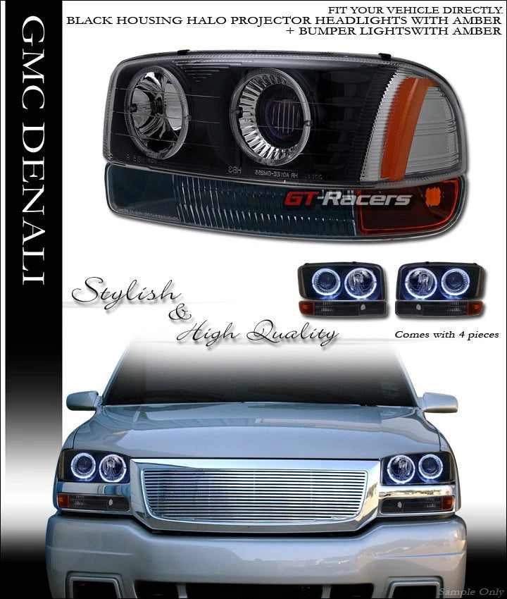 Blk Halo Projector Headlights Amber+Signal Bumper Ks 99-06 GMC Sierra/Yukon