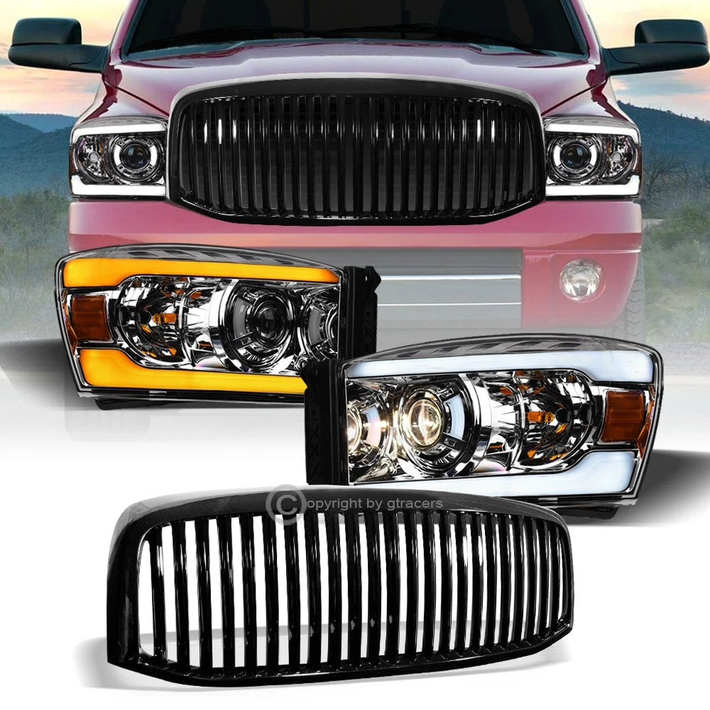 Switchback Sequential 06-09 Ram Chrome LED Tube Pro Headlights+Blk V Grille