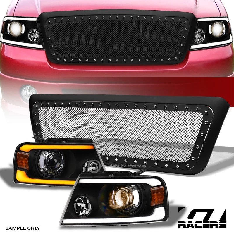 04-08 F150 Blk Sequential LED Bar Projector Headlights A+Matte Rivet M Grill