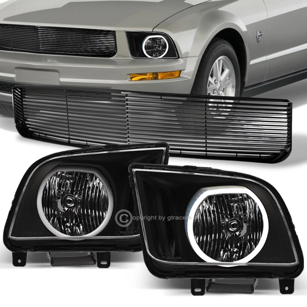 2005-2009 Ford Mustang V6 Black LED Halo Headlights+Horizontal Front Grille