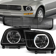 2005-2009 Ford Mustang V6 Black LED Halo Headlights+Horizontal Front Grille