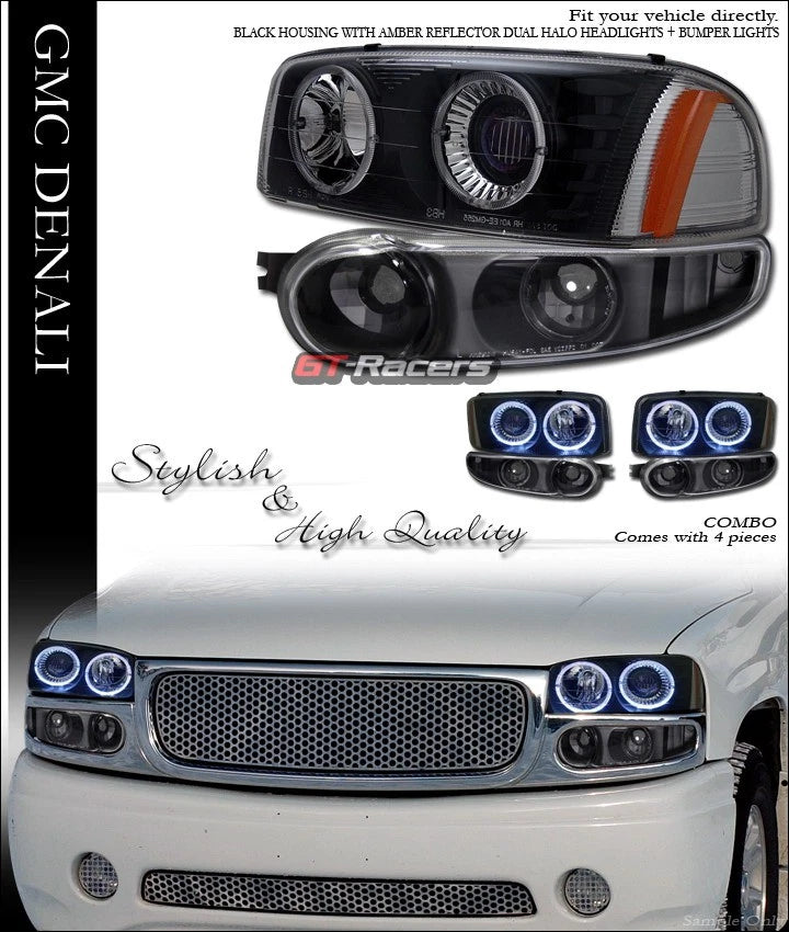 Black Halo Projector Headlight Amber+Signal Jy 00-06 GMC Yukon/Sierra Denali