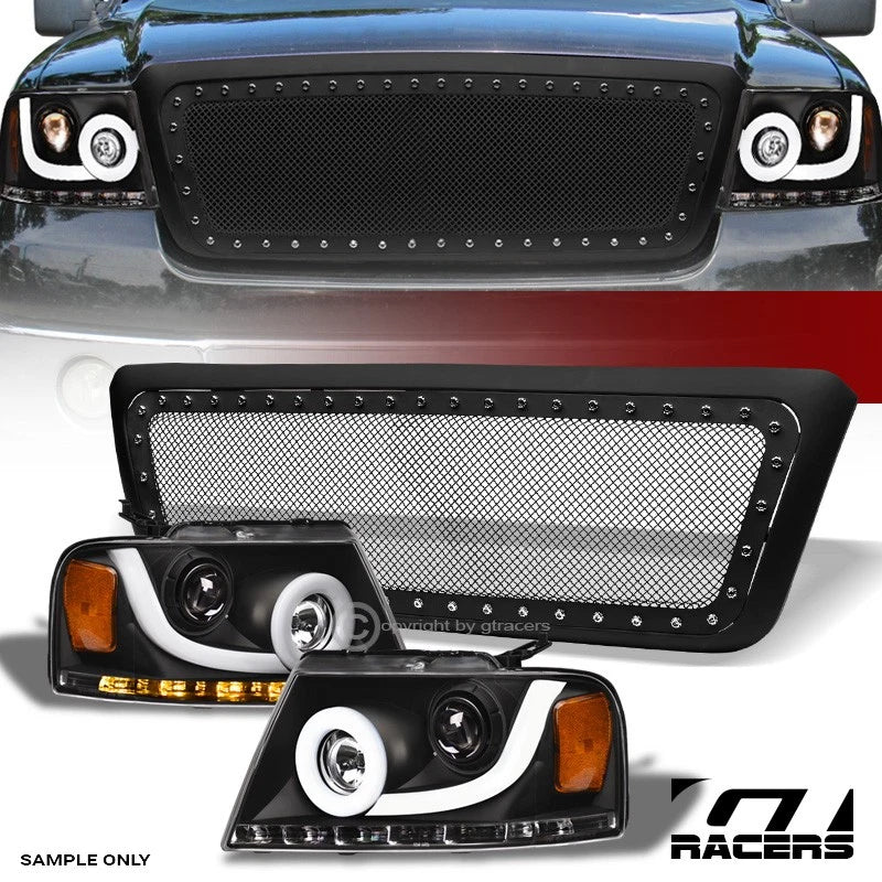 04-08 F150 Blk Halo Sequential LED Bar Pro Headlights A+Matte Rivet M Grille