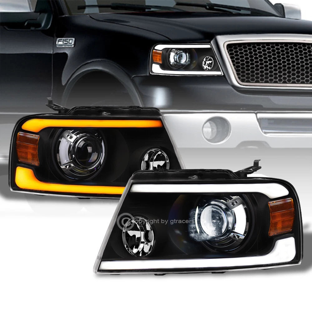 Switchback Sequential 04-08 F150 Blk Full LED Projector Headlights+Strip Bar