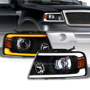 Switchback Sequential 04-08 F150 Blk Full LED Projector Headlights+Strip Bar