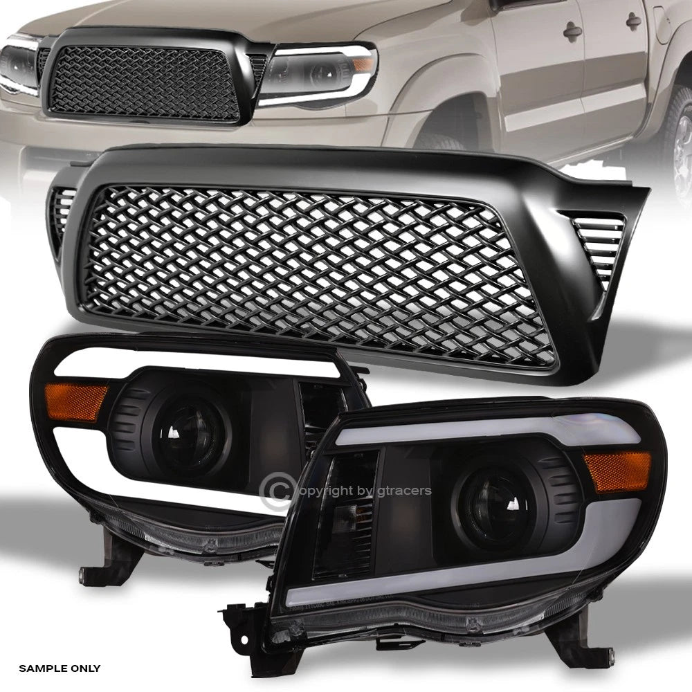2005-2011 Tacoma Black LED Tube Projector Headlights Amber+Matte Mesh Grille