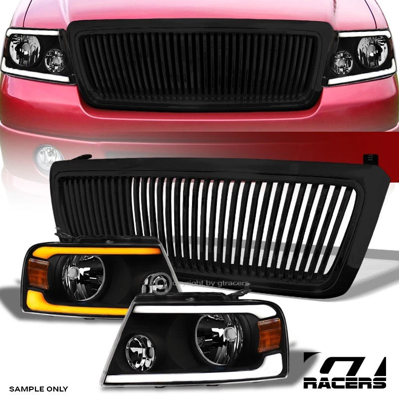 2004-2008 F150 Blk Sequential LED Tube Bar Headlights Amber+Vertical Grille