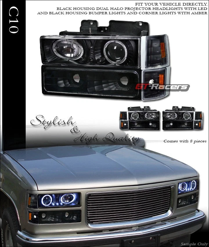 Blk Led Projector Headlights+Bumper+Corner Amber K2 94-99 GMC C10 C/K Truck