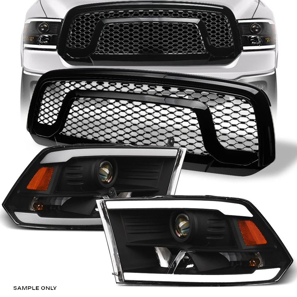 13-18 Ram 1500/Classic Blk LED Tube Projector Headlights A+Rebel Mesh Grille
