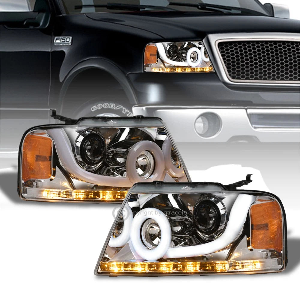 Sequential LED 04-08 F150 Chrome Projector Headlights w/DRL Halo+Tube Bar