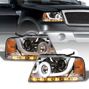 Sequential LED 04-08 F150 Chrome Projector Headlights w/DRL Halo+Tube Bar