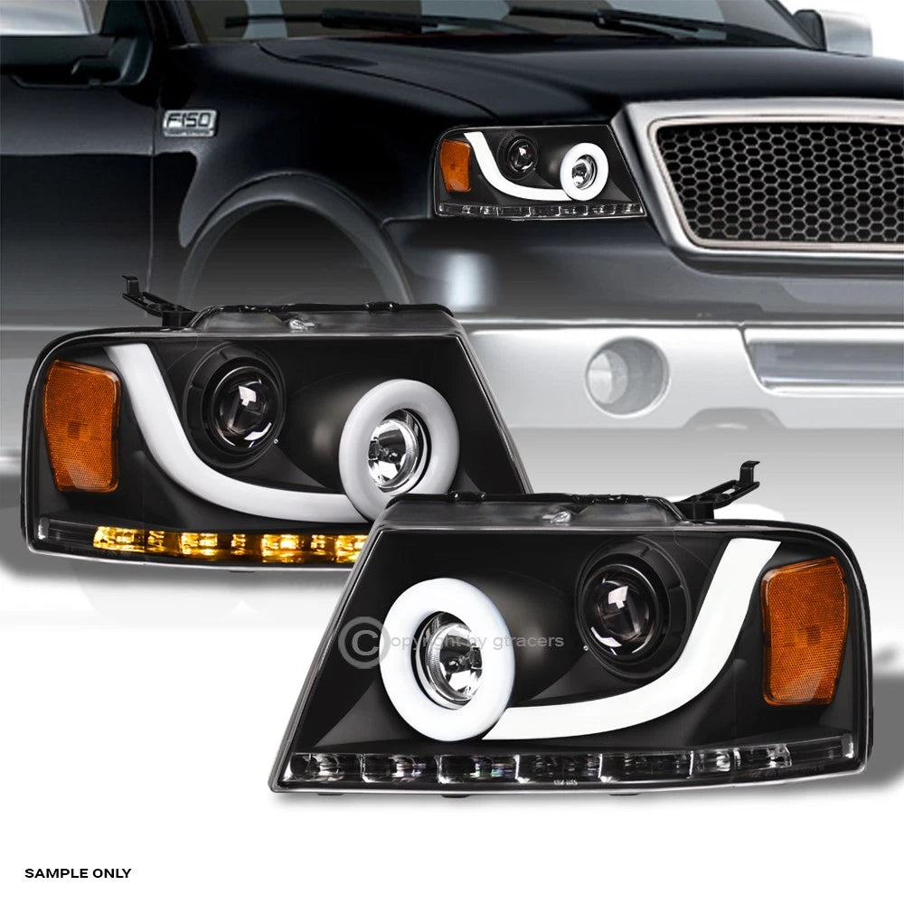 Sequential LED 04-08 Ford F150 Blk Projector Headlights w/DRL Halo+Tube Bar