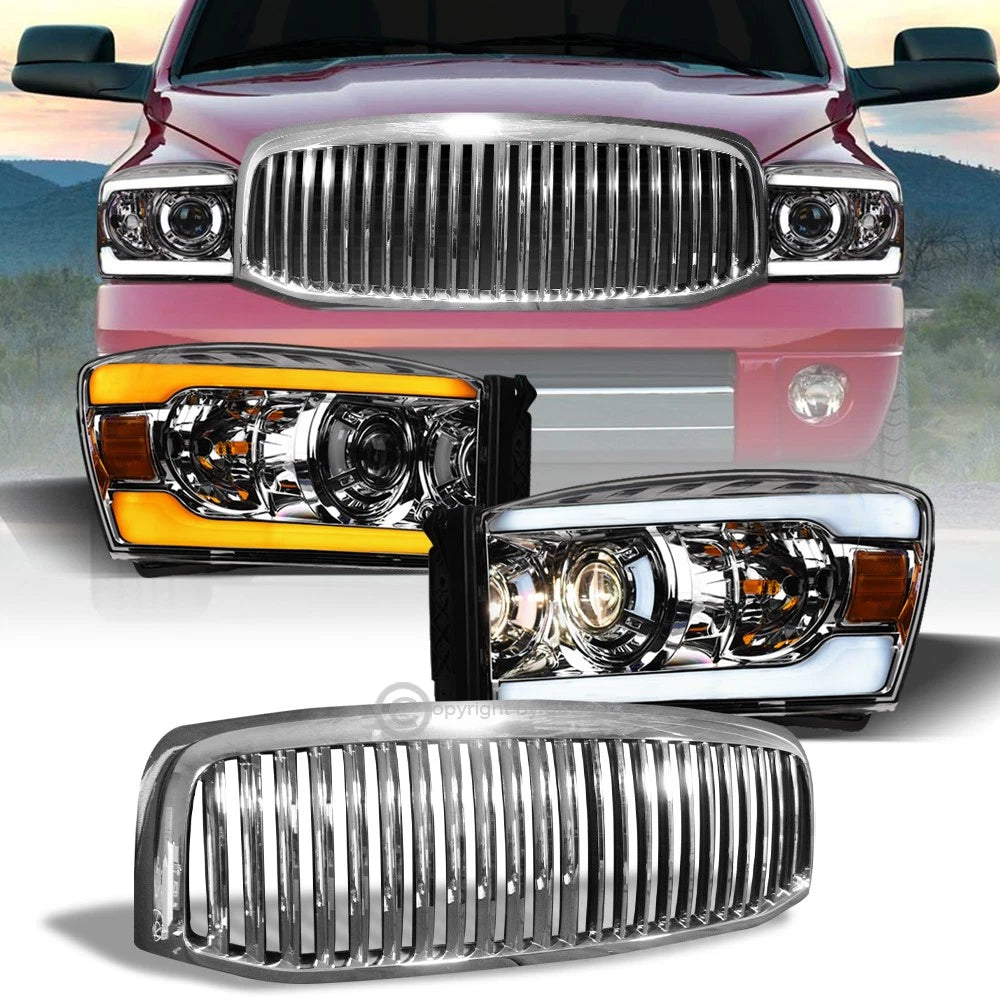 Switchback Sequential 06-09 Ram Chrome LED Tube Projector Headlights+V Grill
